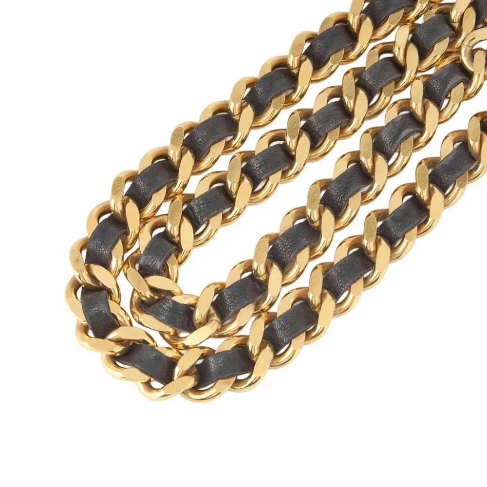 Authentic CHANEL black chain 1990s vintage runway leather link belt 80cm